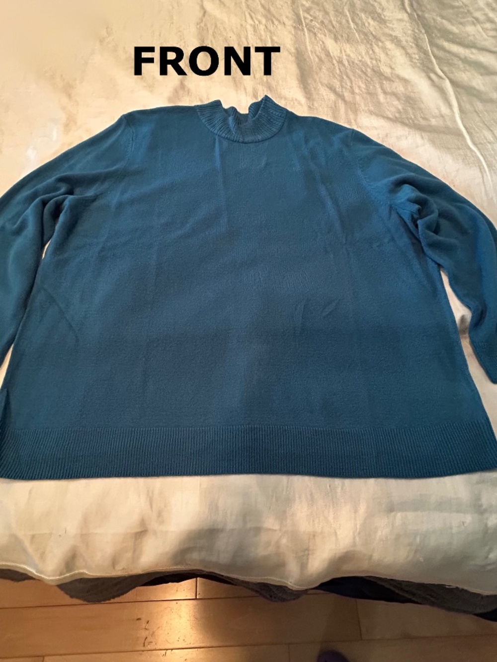 SWEATER, ROUND NECK, DEEP JADE BLUE, SIZE 3X, LOVELY DESIGN ON NECK, RIBBED CUFF
